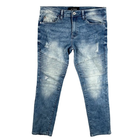 WT02 Acid Wash Edgy Street Distressed Light Blue Denim Jeans Mens Size 32 - Picture 1 of 8